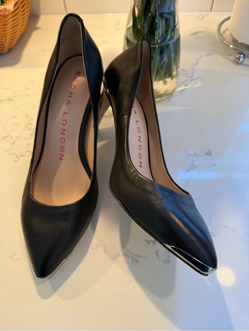 Sacha London Black Pointed Leather Heels with Silver Toe Accent